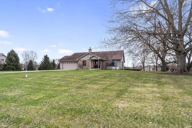ranch-style home with a chimney, a garage, and a front yard