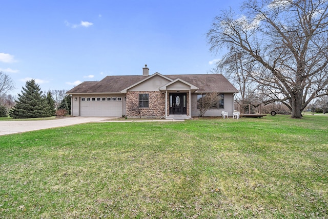 ranch-style home featuring concrete driveway, a front lawn, a chimney, and an attached garage