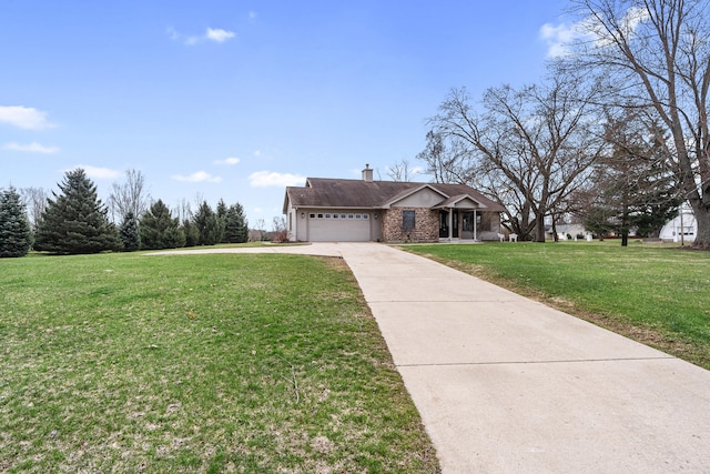ranch-style home with a chimney, driveway, a garage, and a front lawn