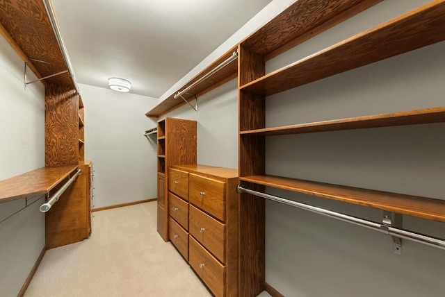 walk in closet featuring light carpet