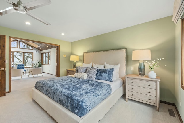 bedroom with carpet flooring, baseboards, visible vents, and recessed lighting