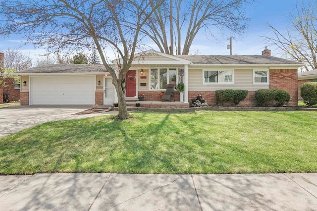 single story home with an attached garage, brick siding, driveway, and a front yard
