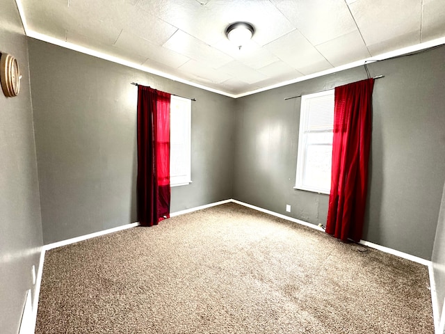 empty room featuring carpet floors, baseboards, and a wealth of natural light