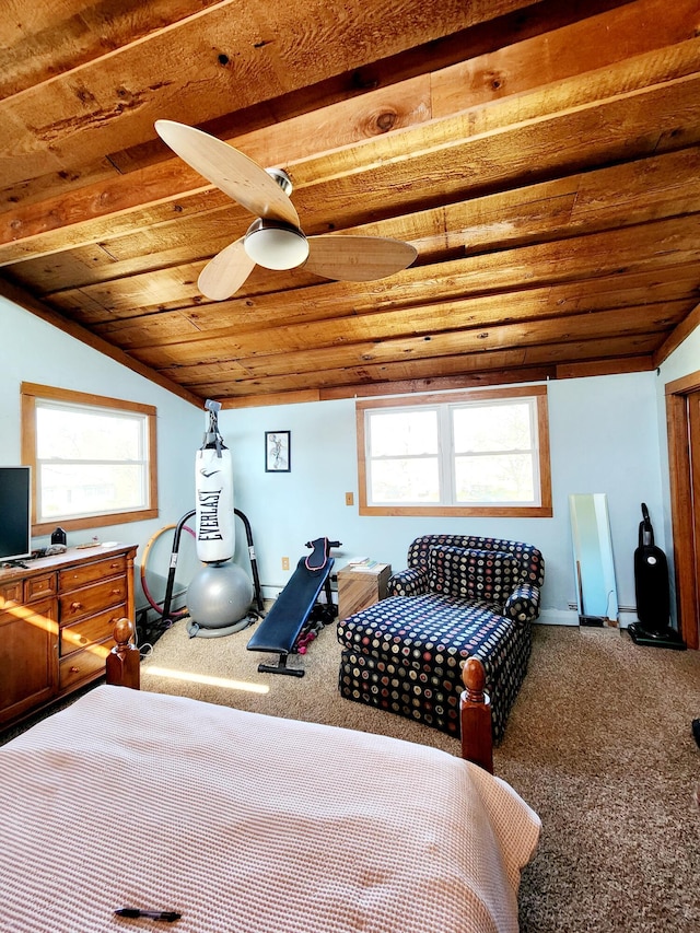 carpeted bedroom featuring ceiling fan, wood ceiling, baseboards, and lofted ceiling