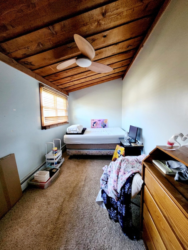 bedroom with ceiling fan, carpet, baseboard heating, wooden ceiling, and lofted ceiling