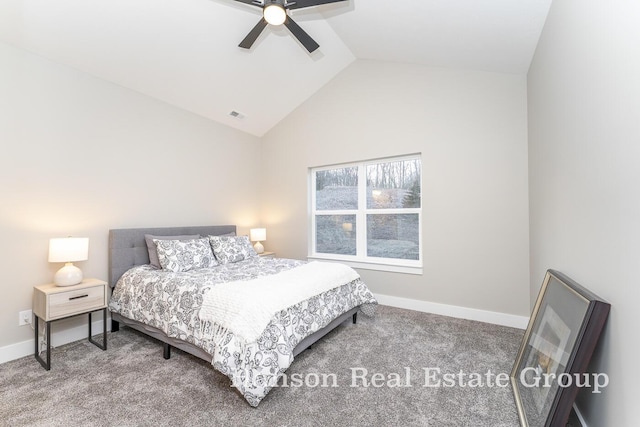 carpeted bedroom with high vaulted ceiling, visible vents, baseboards, and a ceiling fan