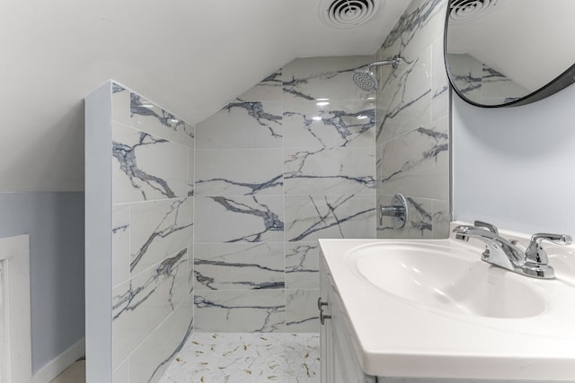 1409 Charter St, Lincoln Park, MI 48146 - bathroom with vanity, visible vents, a marble finish shower, and lofted ceiling