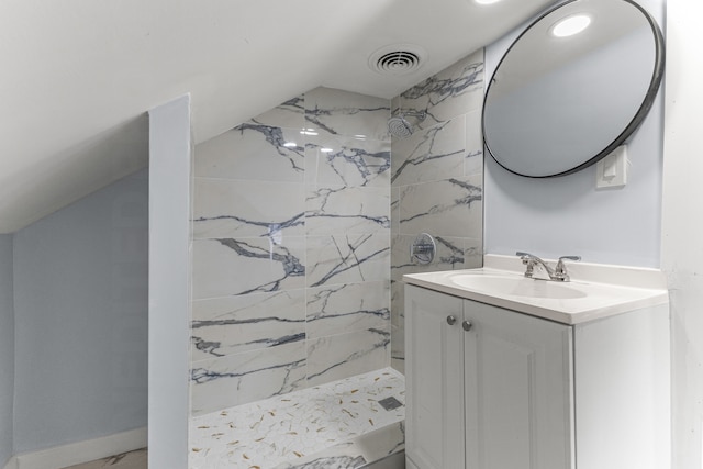 1409 Charter St, Lincoln Park, MI 48146 - full bath featuring vanity, a marble finish shower, vaulted ceiling, and visible vents