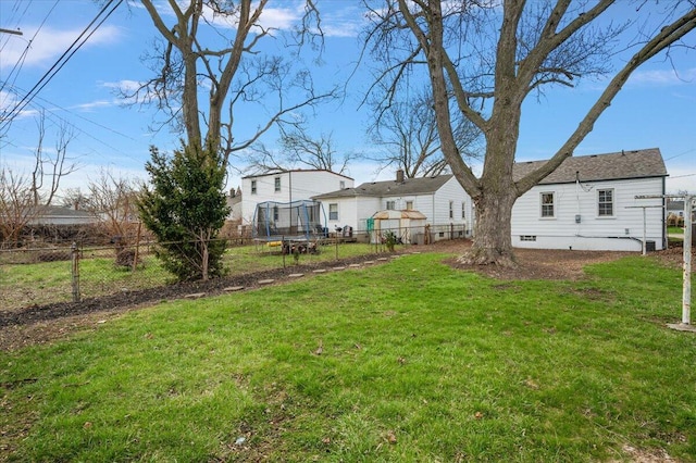 view of yard with a fenced backyard and a trampoline