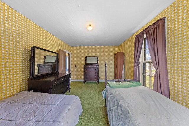 carpeted bedroom with wallpapered walls