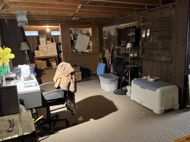 finished basement with wood walls and carpet floors