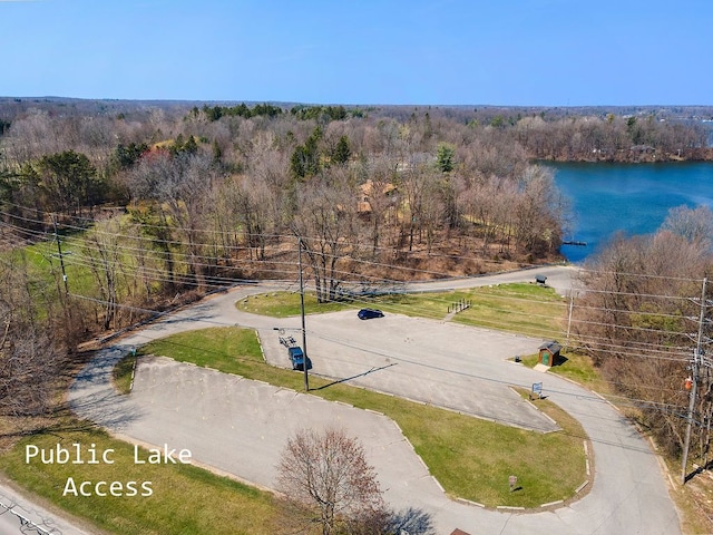 aerial view with a water view and a view of trees
