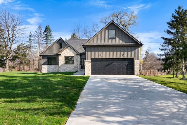 view of front of property featuring driveway, stone siding, board and batten siding, and a front yard