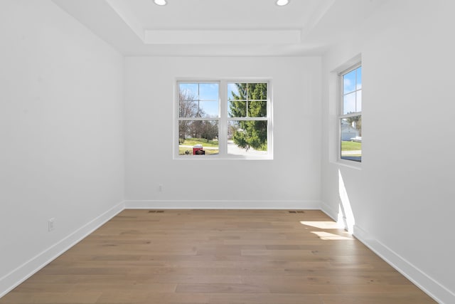empty room featuring recessed lighting, a raised ceiling, and a wealth of natural light