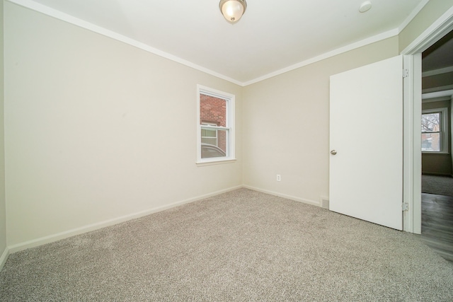 carpeted spare room with crown molding and baseboards