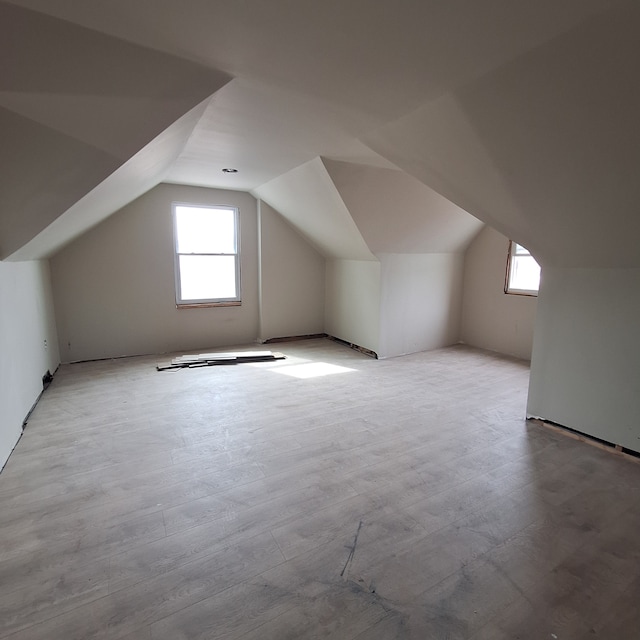 additional living space featuring plenty of natural light, vaulted ceiling, and wood finished floors