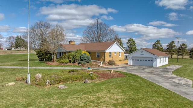ranch-style home with a garage, a front yard, an outdoor structure, and a chimney