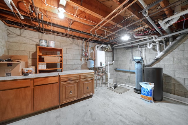unfinished below grade area featuring tankless water heater