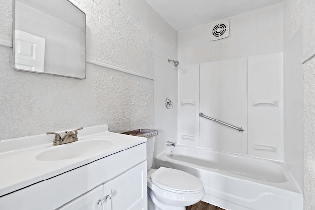 7957 Pine St, Taylor, MI 48180 - full bath with a textured wall, visible vents, toilet, vanity, and  shower combination