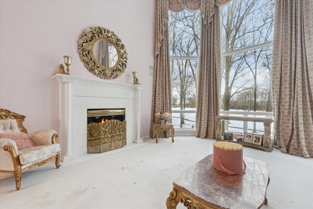 living area with carpet and a fireplace