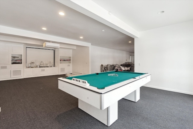 rec room featuring recessed lighting, dark colored carpet, and billiards