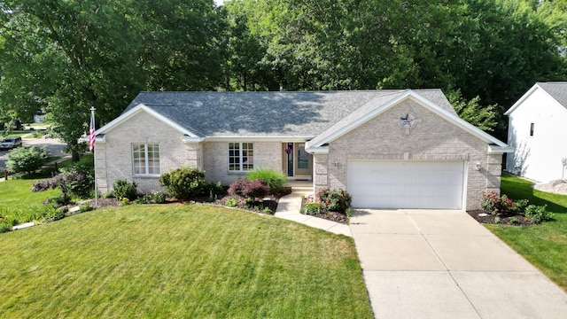 2511 Bowenton Pl SW, Wyoming, MI 49519 - ranch-style house with brick siding, an attached garage, a front yard, concrete driveway, and roof with shingles