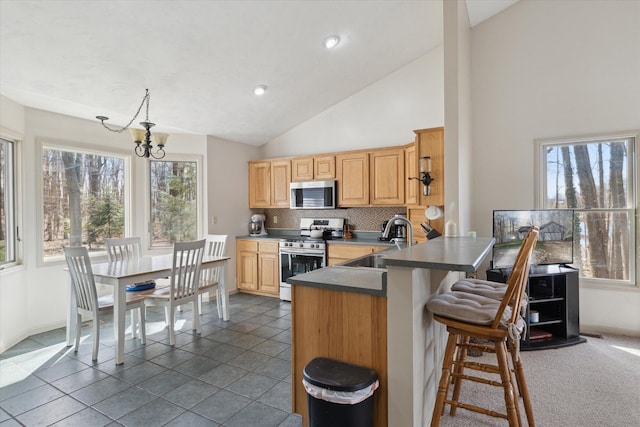 kitchen featuring a sink, decorative backsplash, appliances with stainless steel finishes, and light brown cabinetry