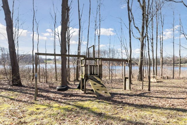 dock area with a playground and a water view