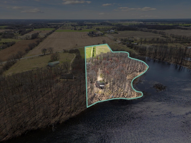 bird's eye view with a rural view and a water view