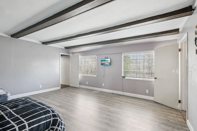 27423 W 12 Mile Rd, Farmington Hills, MI 48334 - unfurnished bedroom featuring light wood-style flooring, baseboards, and beam ceiling
