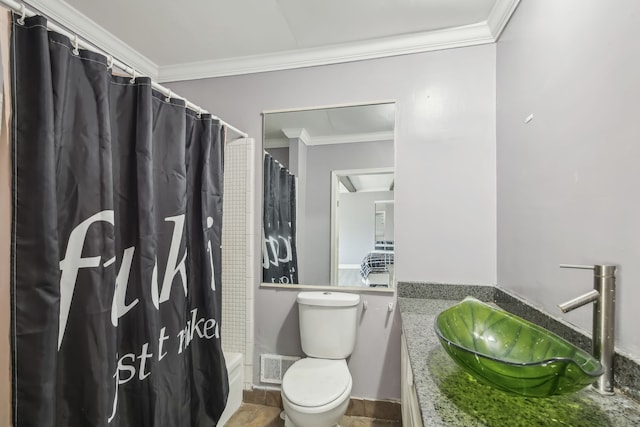 27423 W 12 Mile Rd, Farmington Hills, MI 48334 - bathroom with vanity, ornamental molding, visible vents, toilet, and a shower with shower curtain