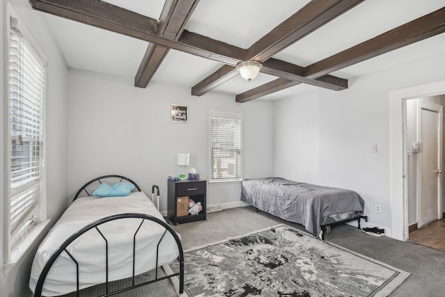 27423 W 12 Mile Rd, Farmington Hills, MI 48334 - carpeted bedroom featuring coffered ceiling, beamed ceiling, and baseboards