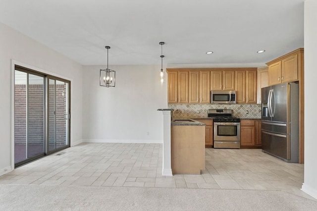 29709 Francesca Ln, Chesterfield, MI 48047 - kitchen with stainless steel appliances, dark countertops, baseboards, recessed lighting, and decorative backsplash