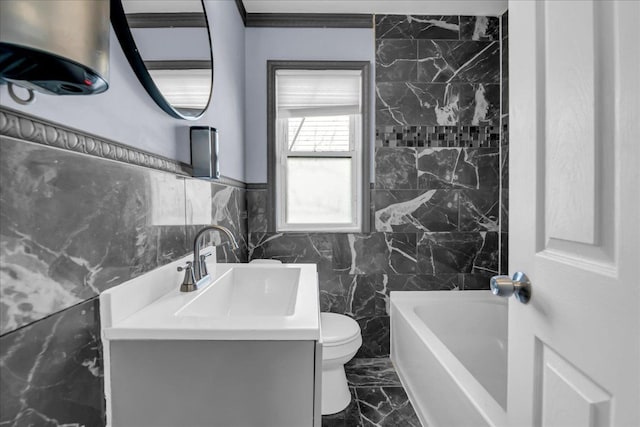 full bathroom featuring bathing tub / shower combination, toilet, tile walls, marble finish floor, and vanity