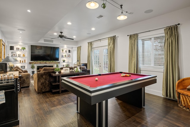 game room with a wealth of natural light, dark wood-type flooring, billiards, and ceiling fan