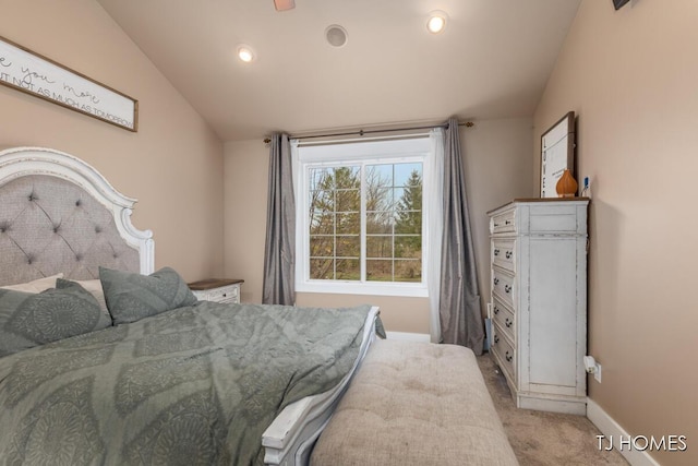 bedroom with light carpet, baseboards, vaulted ceiling, and recessed lighting