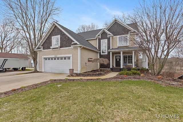 craftsman-style house with covered porch, roof with shingles, a front yard, an attached garage, and concrete driveway