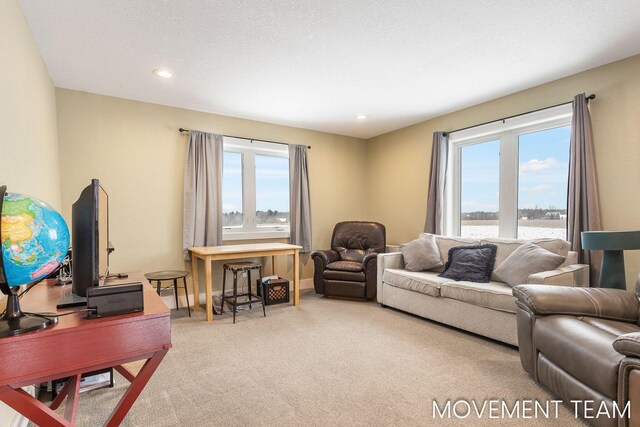 11559 Williams Rd, Montague, MI 49437 - carpeted living room with a water view, recessed lighting, and a healthy amount of sunlight