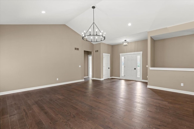 4070 Metamora Rdg, Metamora, MI 48455 - interior space featuring high vaulted ceiling, an inviting chandelier, visible vents, baseboards, and dark wood-style floors
