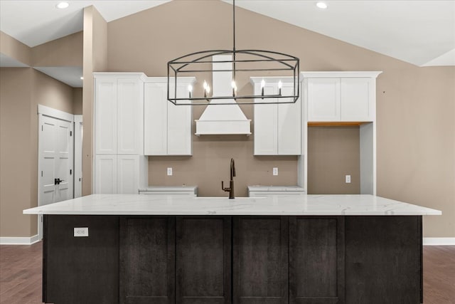 4070 Metamora Rdg, Metamora, MI 48455 - kitchen featuring white cabinetry, vaulted ceiling, custom exhaust hood, baseboards, and dark wood-style floors