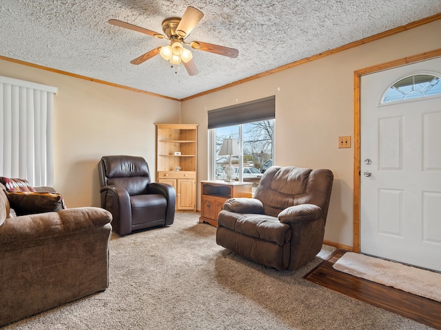 29060 Michigan St, Roseville, MI 48066 - living area featuring light carpet, ornamental molding, and a ceiling fan