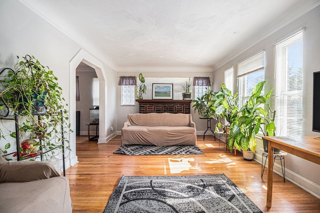 living area featuring arched walkways, wood finished floors, baseboards, and crown molding