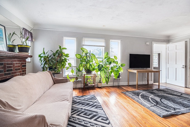 living room featuring plenty of natural light, crown molding, wood finished floors, and baseboards