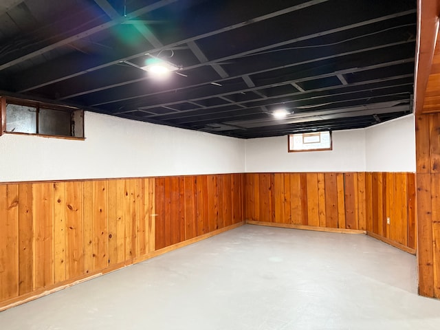 basement featuring wainscoting and wood walls