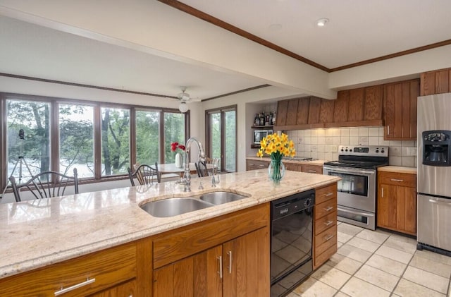 9420 Whim Trl, Richland, MI 49083 - kitchen with a sink, stainless steel appliances, decorative backsplash, brown cabinetry, and ornamental molding