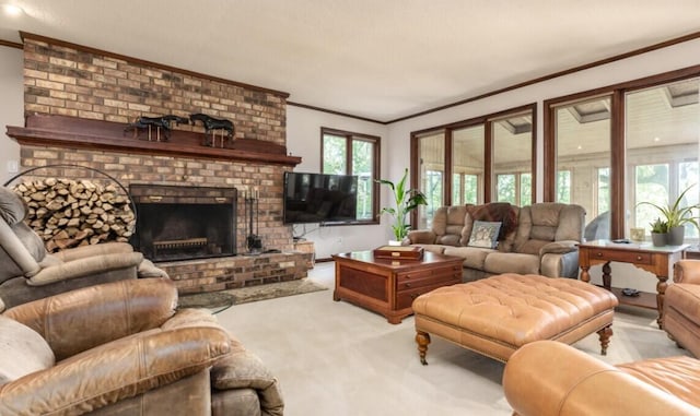 9420 Whim Trl, Richland, MI 49083 - living room featuring carpet floors, crown molding, and a brick fireplace