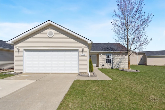 ranch-style house with concrete driveway, an attached garage, and a front yard