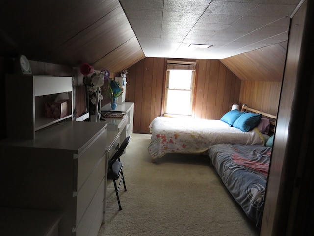 5900 Commerce Rd, West Bloomfield, MI 48324 - bedroom with wooden walls, carpet floors, and lofted ceiling