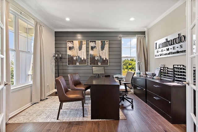 13268 Cousin, Washington, MI 48094 - office with dark wood-style floors, ornamental molding, and recessed lighting