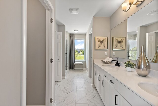 13268 Cousin, Washington, MI 48094 - full bathroom featuring a shower stall, double vanity, marble finish floor, and a sink